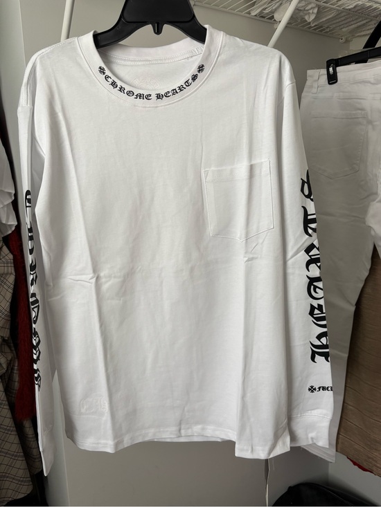Chrome Hearts Other - Chrome Hearts White Long Sleeve Pocket Tee with Black Gothic Sleeve Print